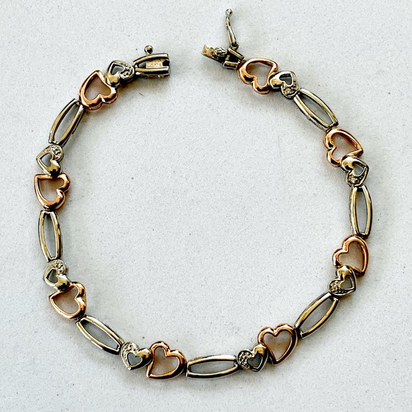 Estate 10K Two Tone White Rose Gold Diamond Heart Link Bracelet - Picture 1 of 10
